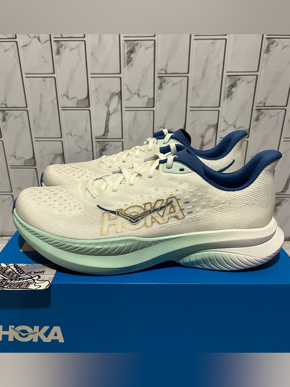 New Hoka One One Mach 6 Running Shoes White Blue Mens Size Training Gym